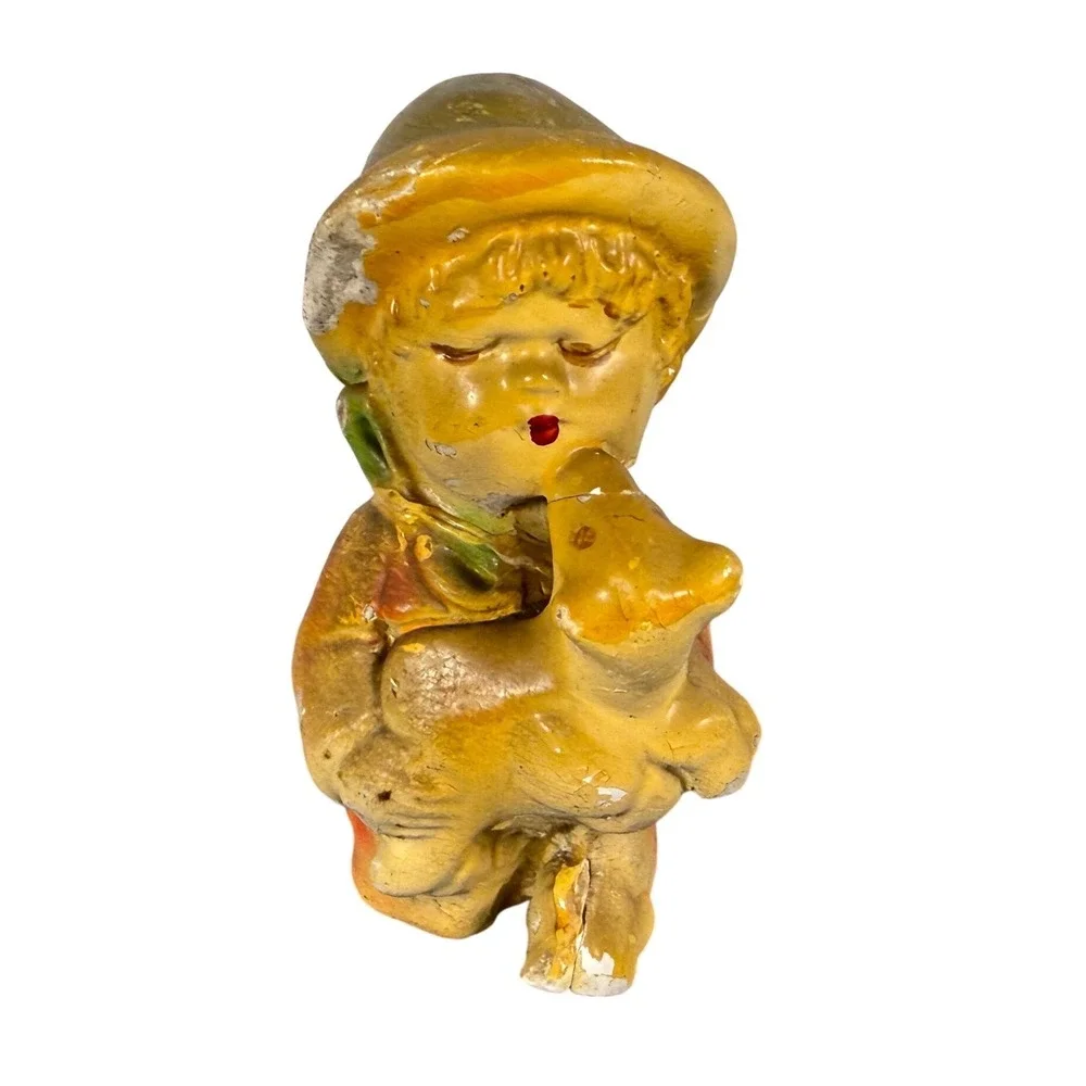 Vintage Chalkware Boy Figurine Holding Animal Mid-Century Carnival Prize‎ 3.75